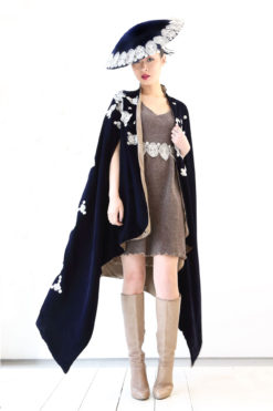 Dark Blue velvet cape embellished with guipure-