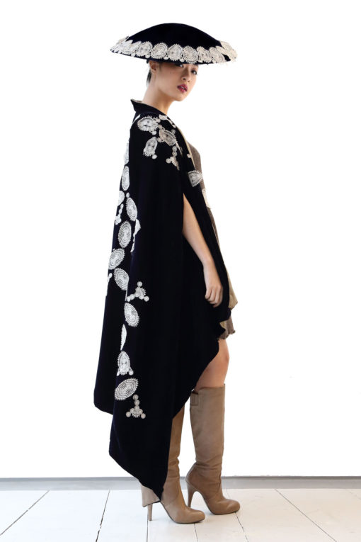 Dark Blue velvet cape embellished with guipure-