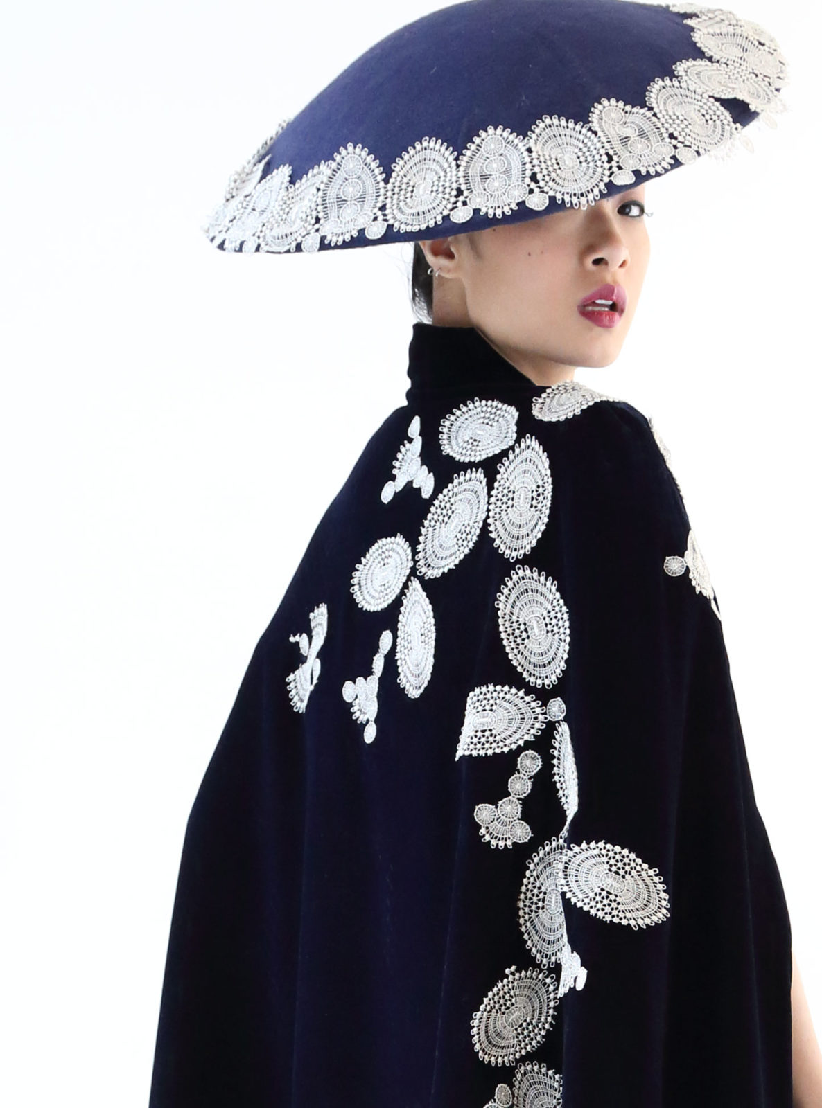 Dark Blue velvet cape embellished with guipure-