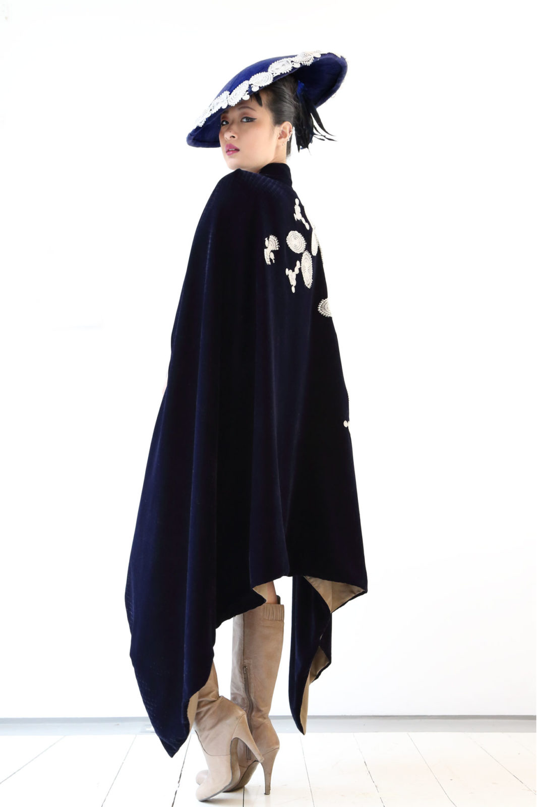 Navy Blue Velvet Cape, embellished with silver guipure