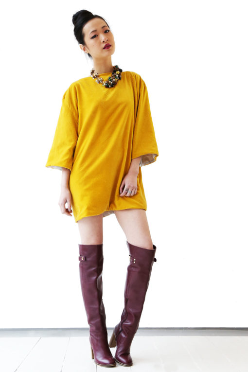 Yellow velvet and silk mini dress