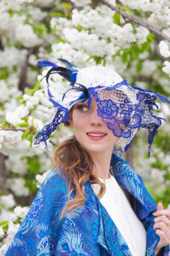 Royal Ascot Blue Hat - - Ornella Gallo Di Fortuna Ivory Sinamay shaped hat,