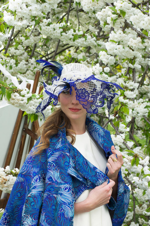 Royal Ascot Blue Hat - - Ornella Gallo Di Fortuna Ivory Sinamay shaped hat,