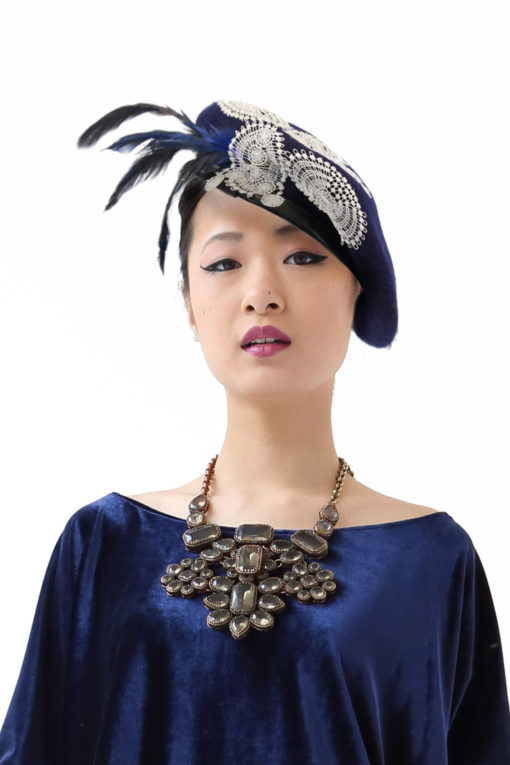 Navy Blue guipure beret hat