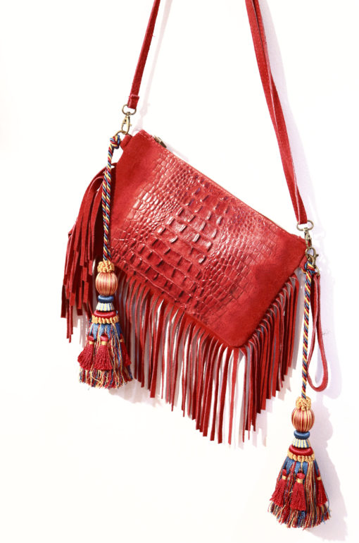 RED CROCO SUEDE & TASSESLS BAG