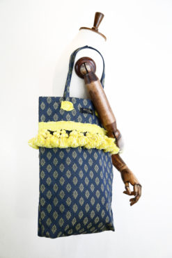 Denim Blue Yellow Pompon Line Bag