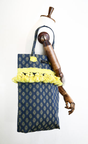 Denim Blue Yellow Pompon Line Bag
