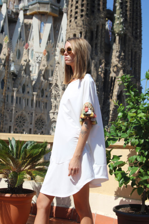 White Mini Dress with Pompons Ornella Gallo Di Fortuna